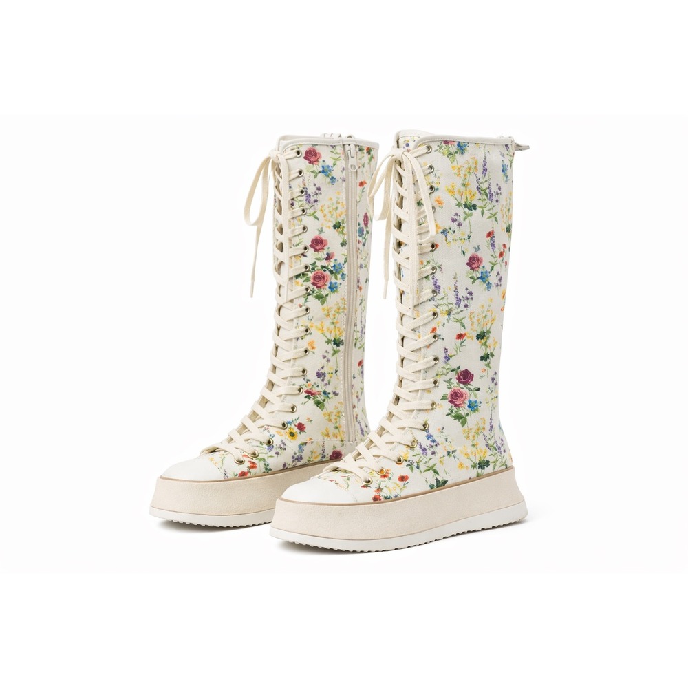 Max Mara White‎ Floral Print Knee High Lace Up Platform Boots Size 39 size 8
